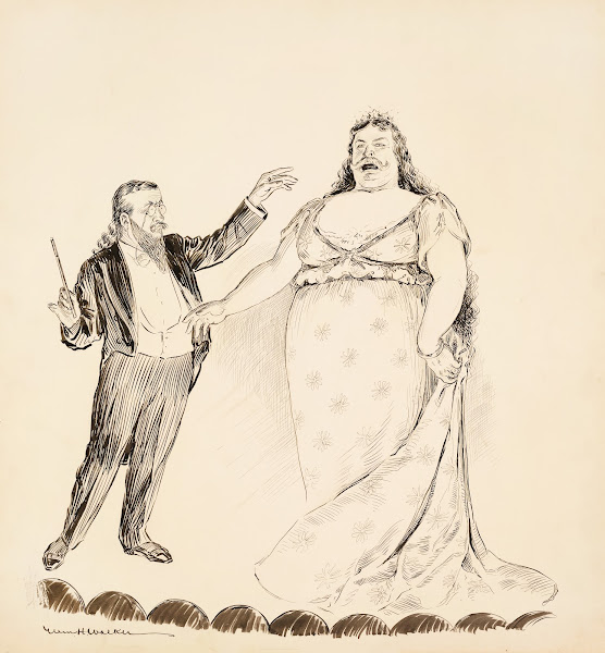 William Howard Taft dressed as a woman sings on a stage 1907