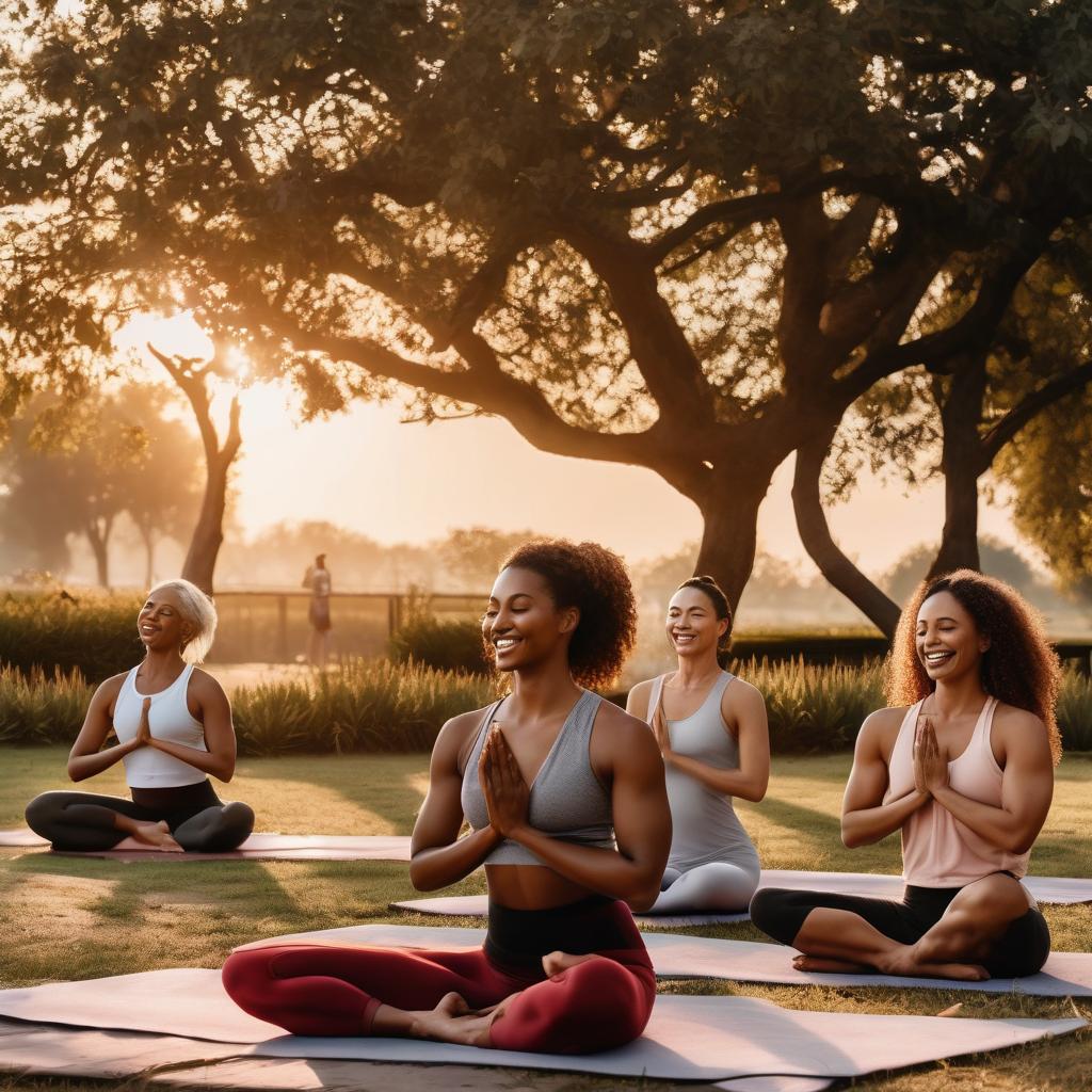 group of friends laughing while doing yoga in a park at sunset