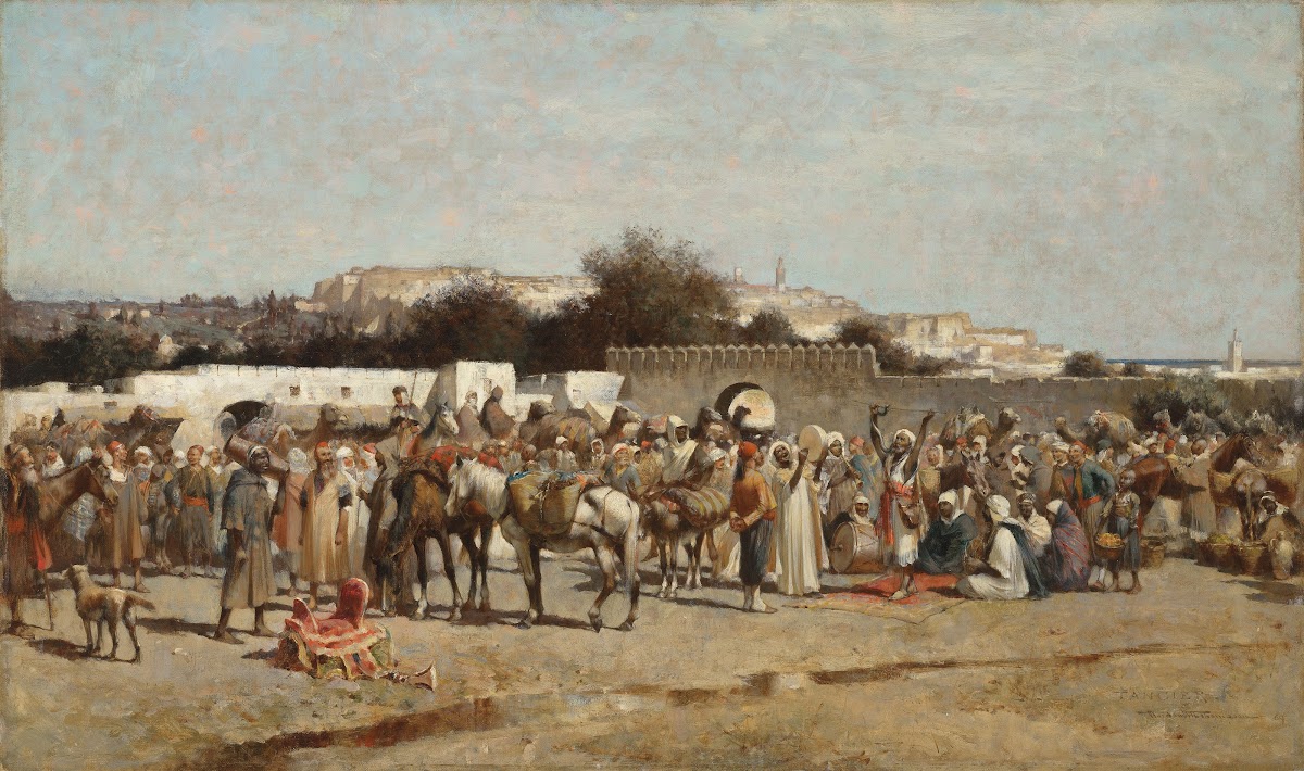 A bustling market place at the city wall Tangiers 1889