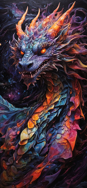 Cosmic Dragon with Fiery Scales Against Starry Void - Free mobile Wallpaper