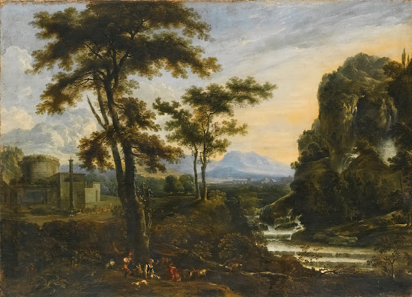 An Extensive River Landscape With Herders Resting In The Foreground A Fortificat