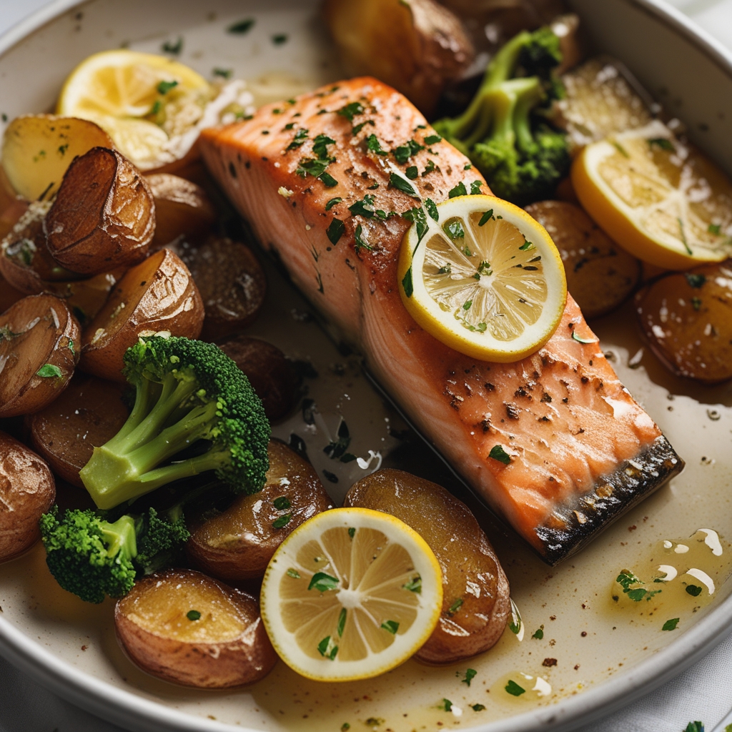 Lemon Butter Salmon with Crispy Potatoes and Broccoli - Easy Homemade Dinner finished