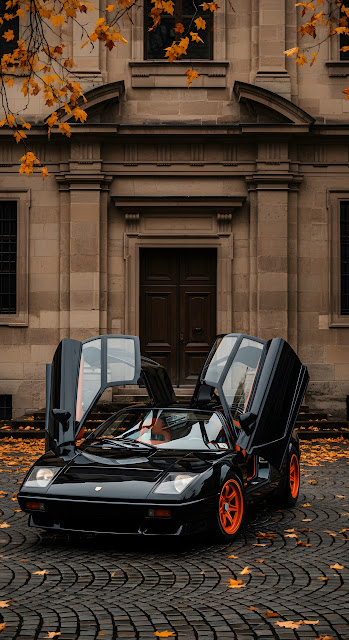 Black and Orange Classic Sports Car in Autumn Street Scene - Free mobile Wallpaper