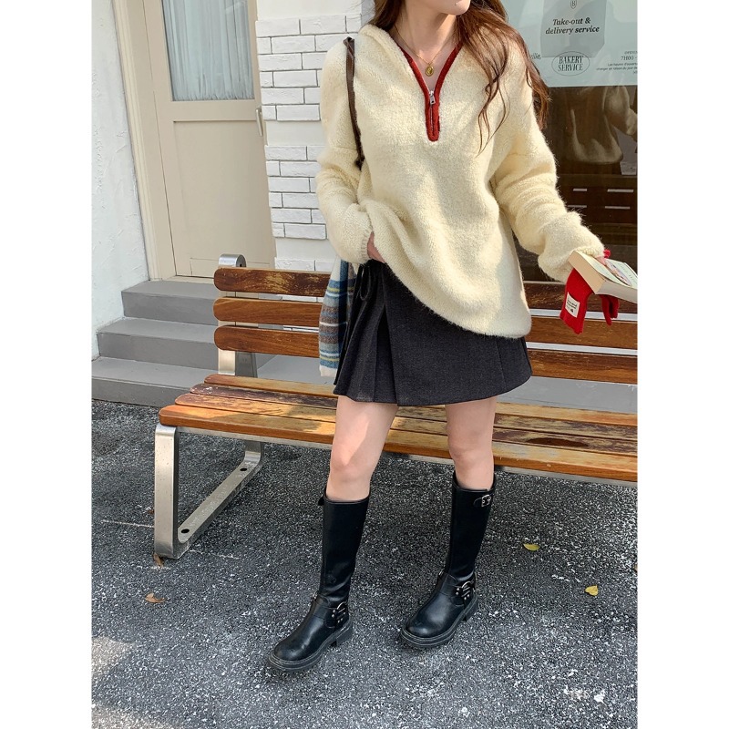 Lässiger Strickpullover mit Reißverschluss und Fleece-Optik