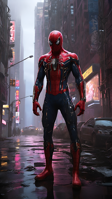 Spider Man Standing in Rainy Neon City Alley at Night - Free mobile Wallpaper