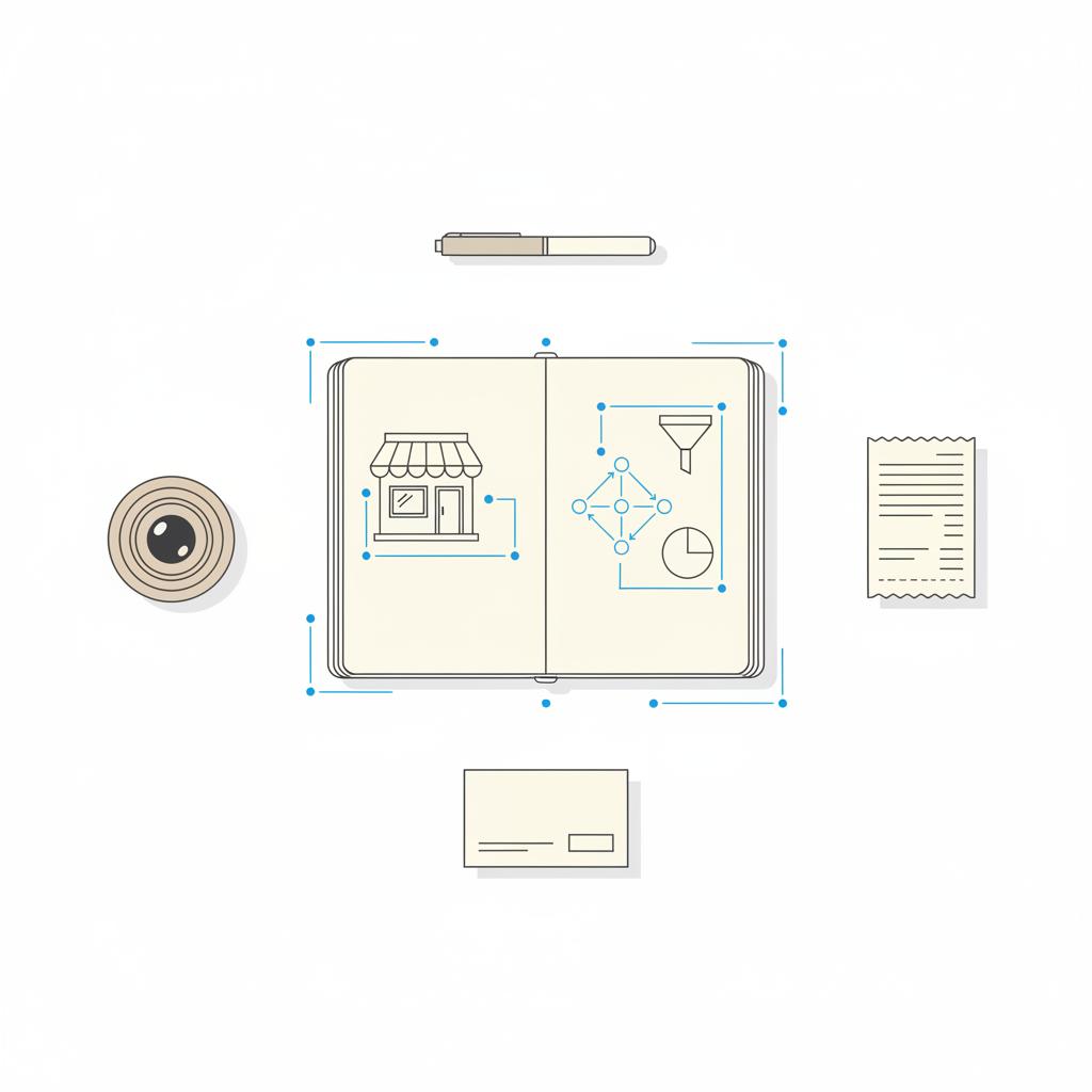 Minimalist vector flat-lay of tools for managing a Yelp business listing: camera lens, receipt, pen beside a sketched storefront and simple strategy diagrams on a white background.