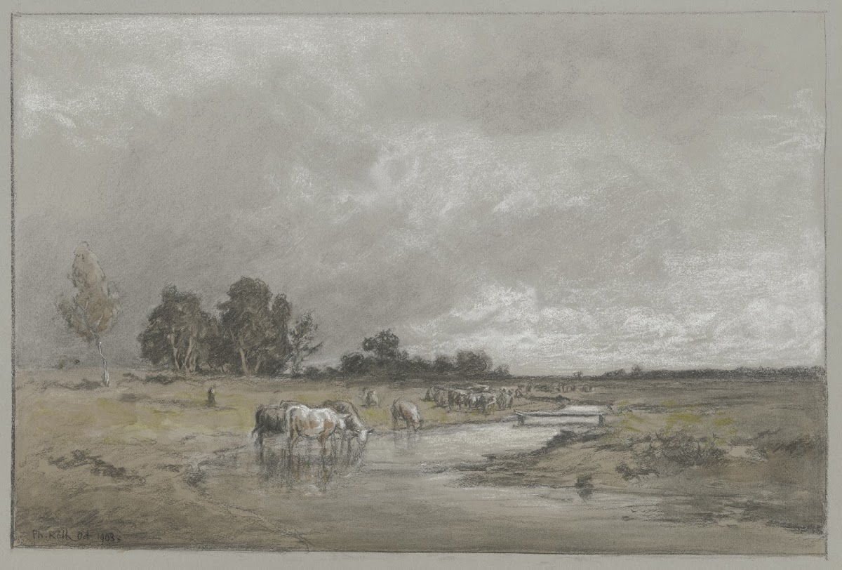 Wiesenlandschaft mit trinkender Herde 1903