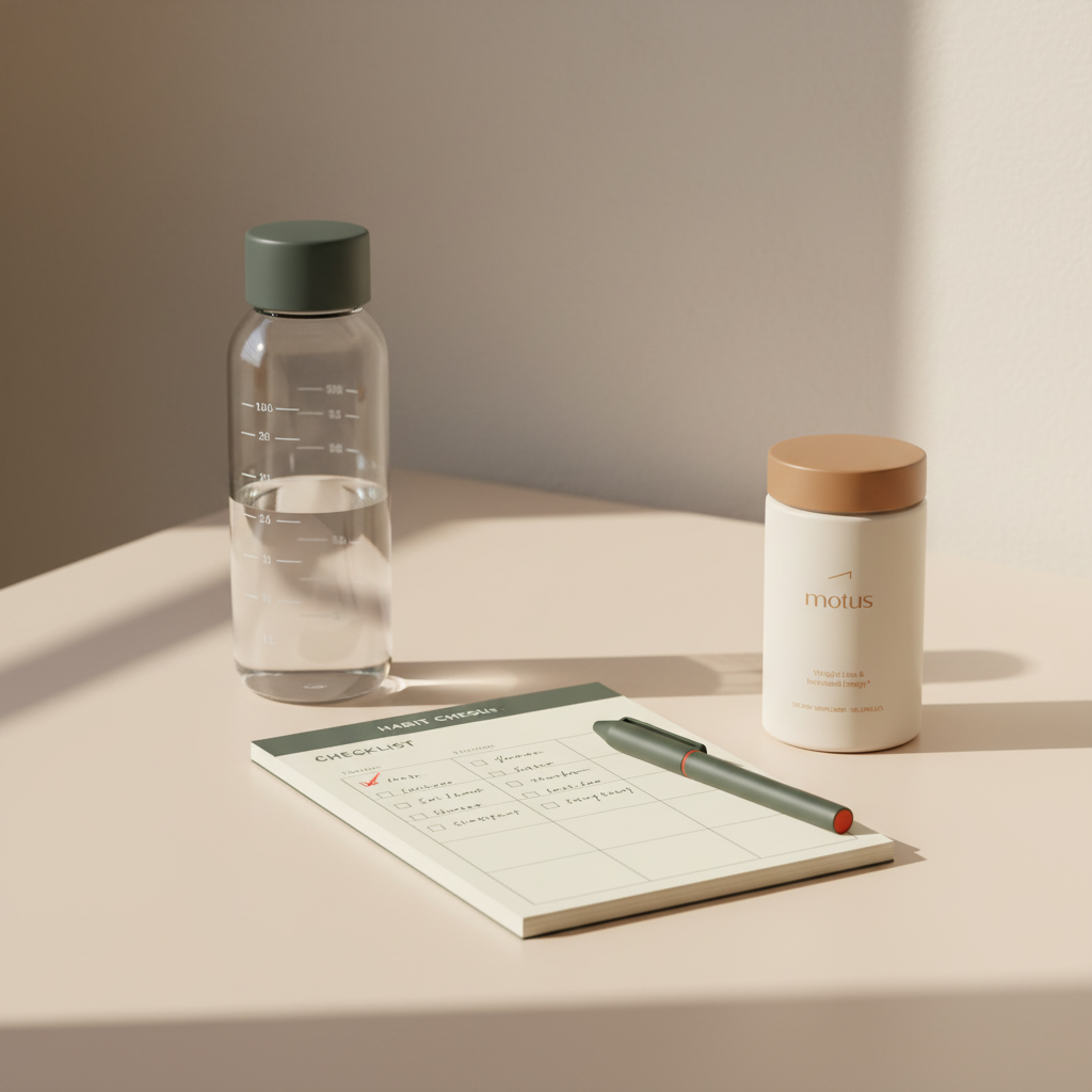 Kitchen table with refillable water bottle, open habit checklist and Tonum Motus jar beside it, illustrating water and weight loss habits