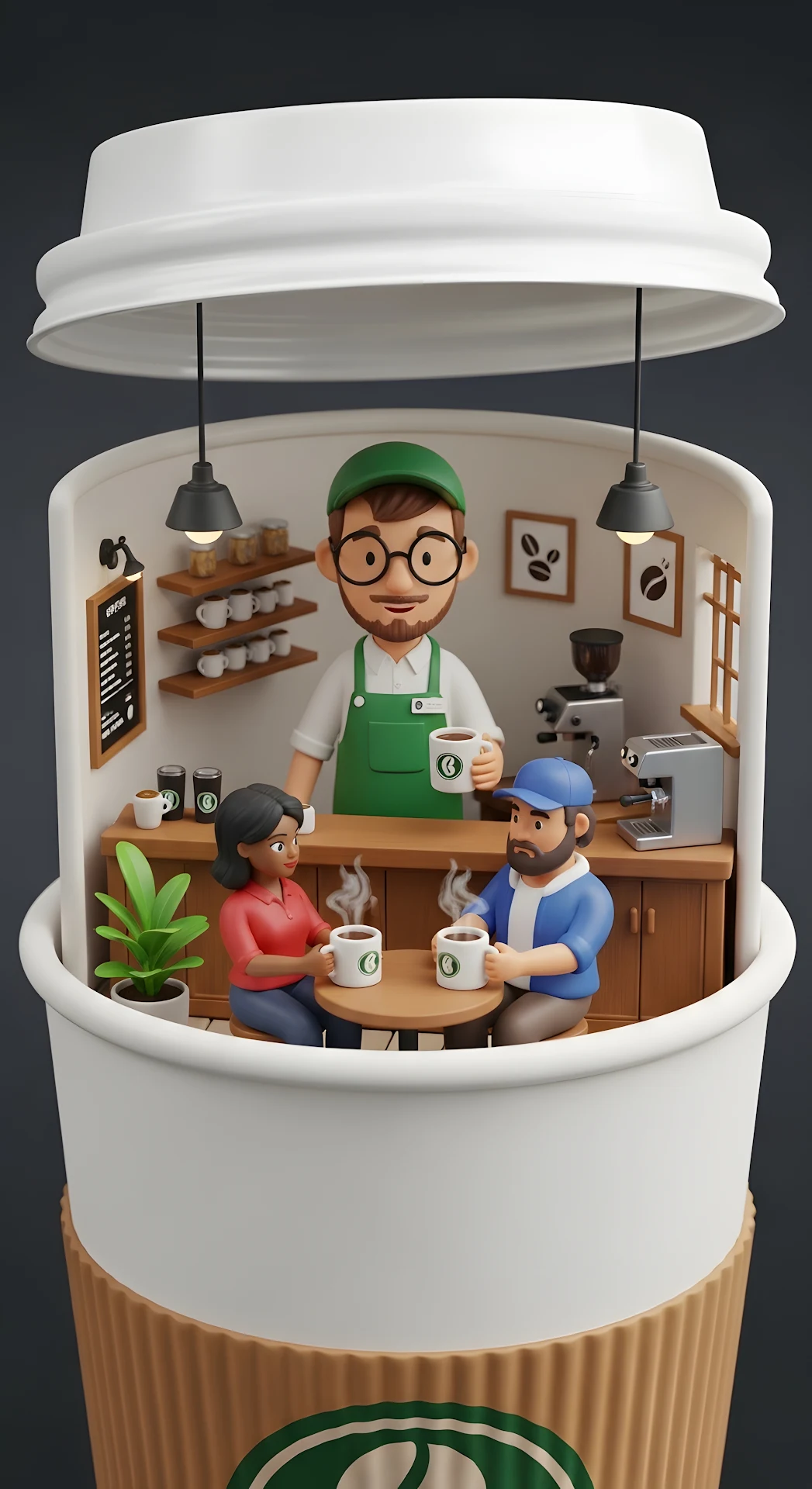 Whimsical Coffee Shop Diorama Inside Giant Cup 3D Art - Free 4K mobile Wallpaper