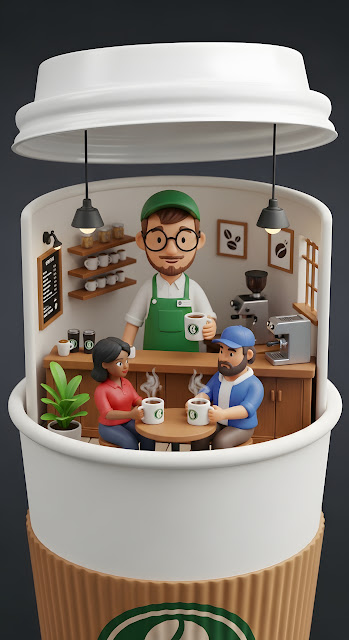 Whimsical Coffee Shop Diorama Inside Giant Cup 3D Art - Free mobile Wallpaper