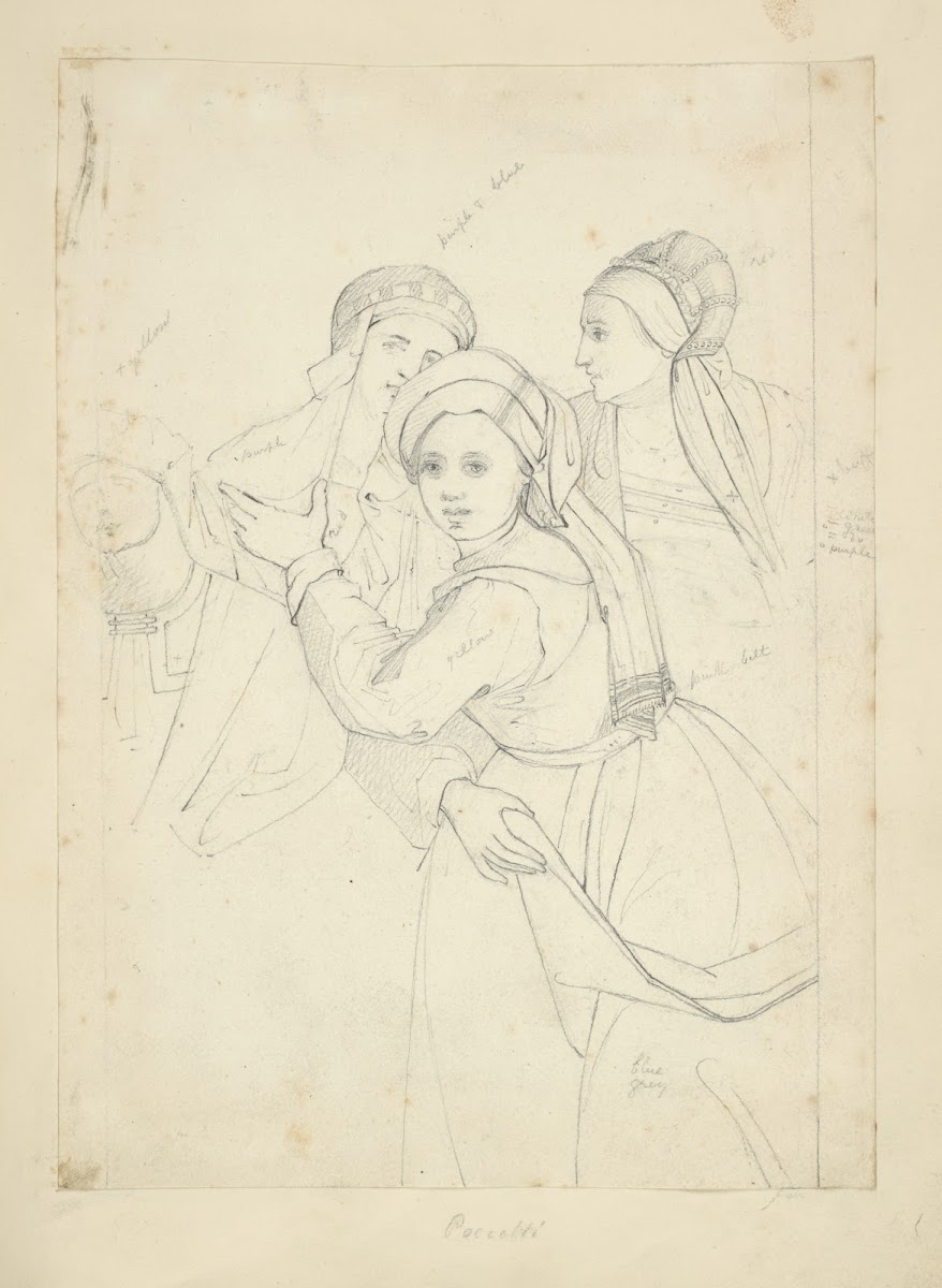 Three women in hats with trains viewed half length a fourth figure partially ske