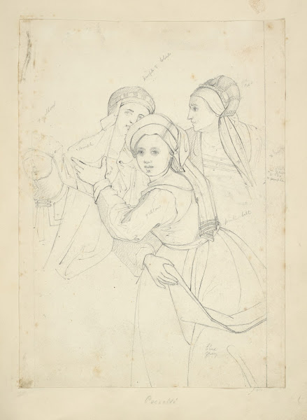 Three women in hats with trains viewed half length a fourth figure partially ske