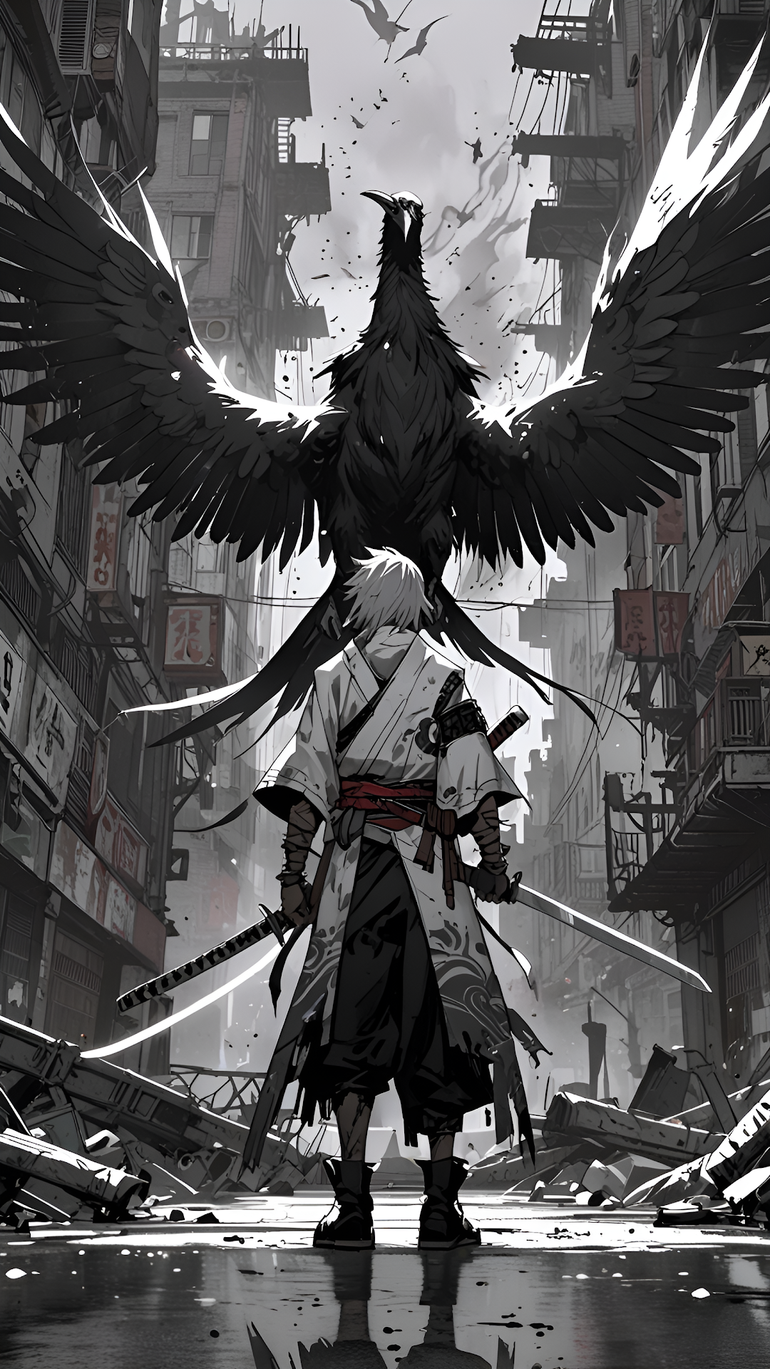 Samurai Warrior and Giant Raven in Ruined City - Free 4K mobile Wallpaper