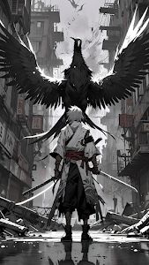 Samurai Warrior and Giant Raven in Ruined City