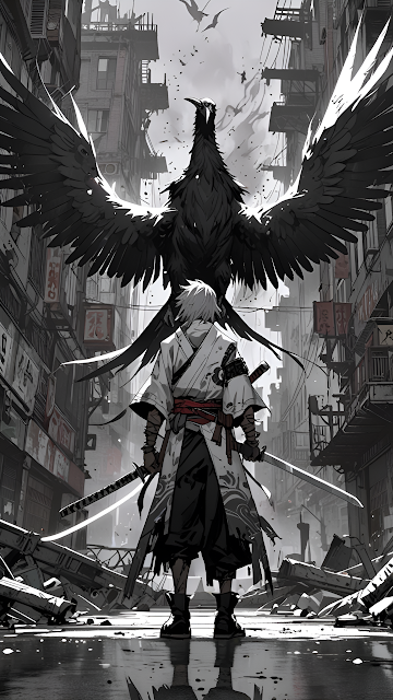 Samurai Warrior and Giant Raven in Ruined City - Free mobile Wallpaper