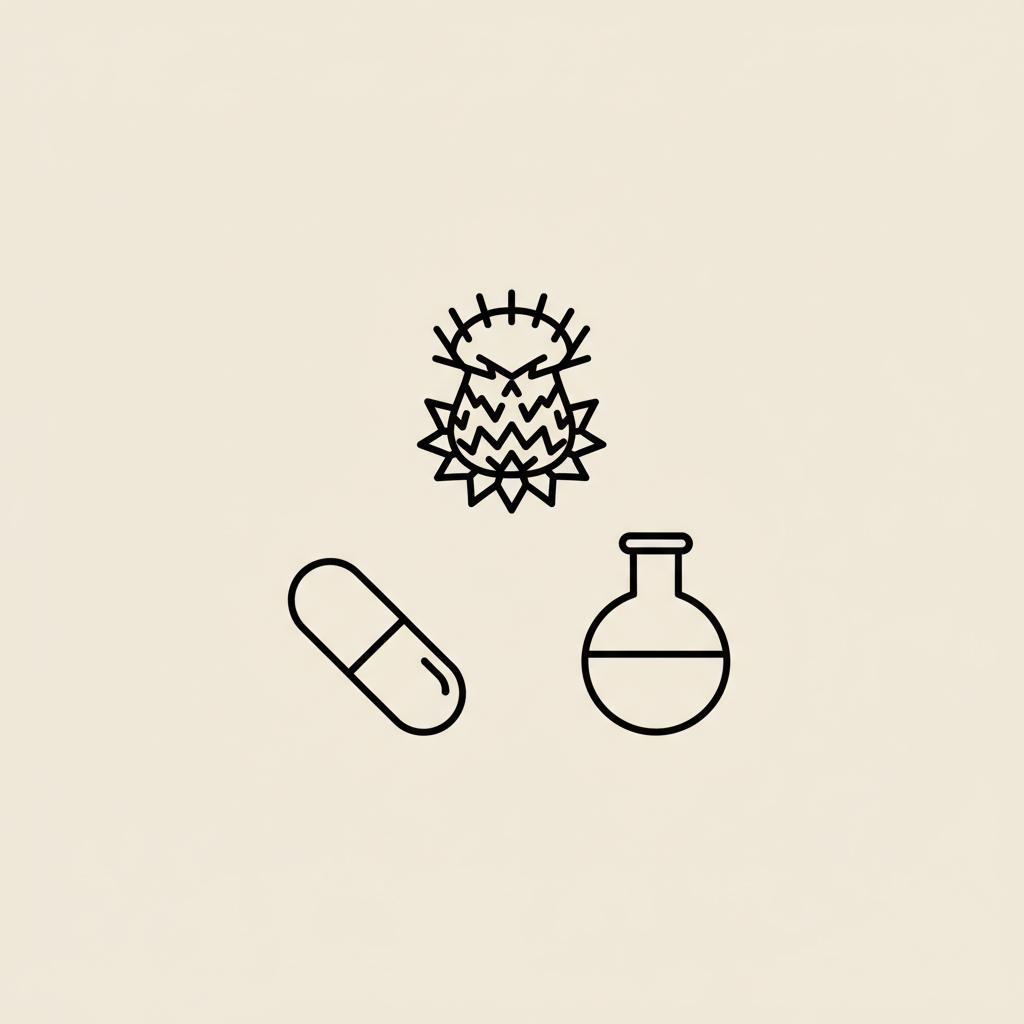 Minimal Tonum-style line illustration of a milk thistle, capsule, and lab flask on a beige background — Does silymarin repair the liver?