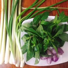 Chuẩn bị đầy đủ các nguyên liêu: Thịt ba chỉ rửaa sạch bằng rượu và để ráo nước. Sả, rau húng, hành lá, hành tím rửa sạch.
