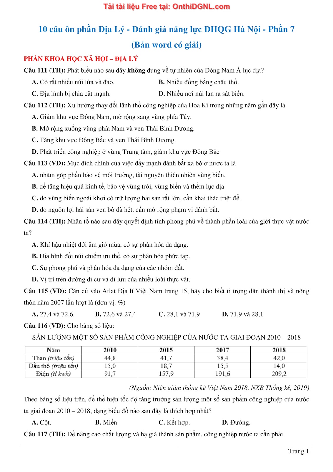 150bài tập môn Địa Lý - Ôn thi ĐGNL ĐHQG TP hà nội Phần 7