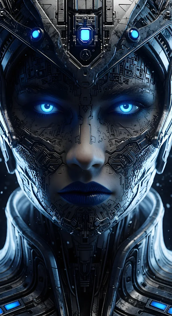 Intense Cybernetic Female Portrait with Glowing Blue Eyes