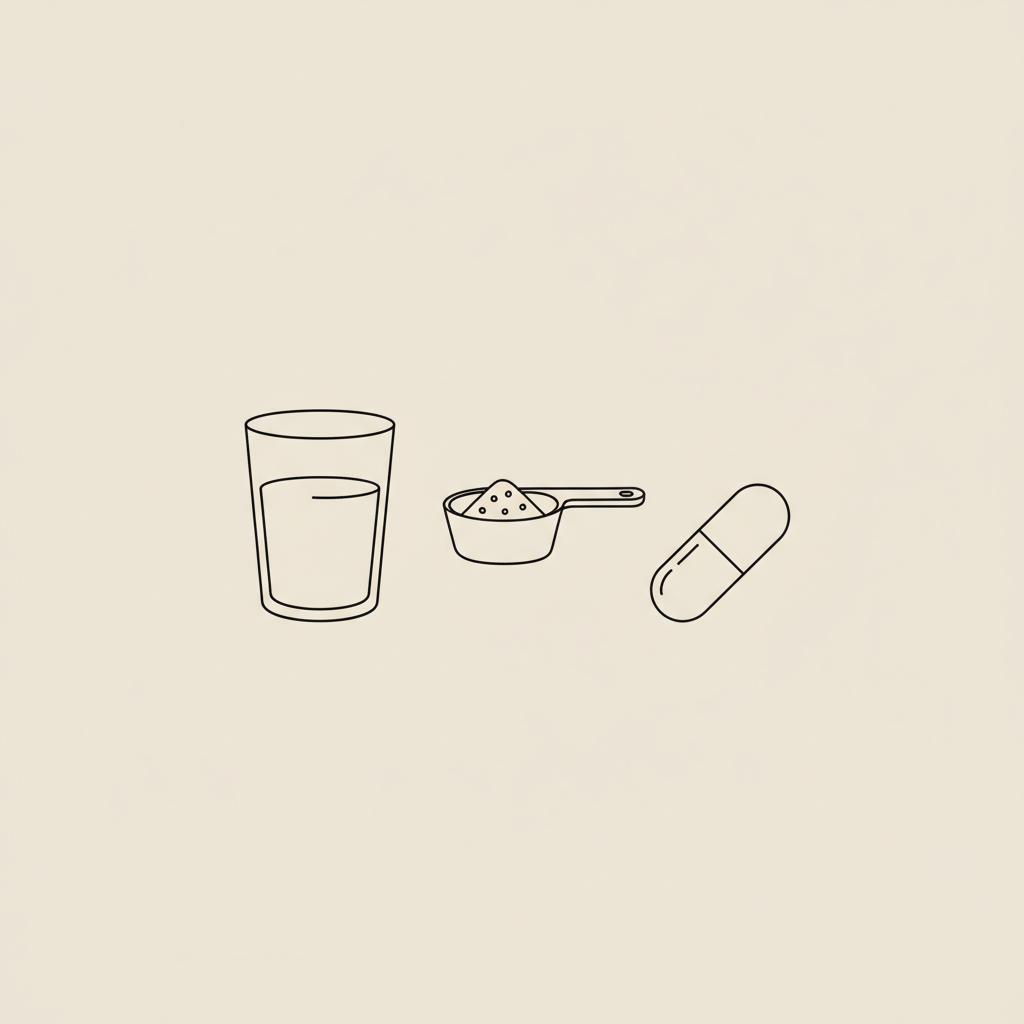 Minimalist Tonum-style line illustration of a glass of water, a scoop of powder, and a capsule on a beige background, representing psyllium husk per day