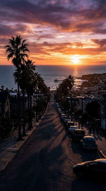Golden Sunset Over California Coastal Street with Palm Trees - Free mobile Wallpaper