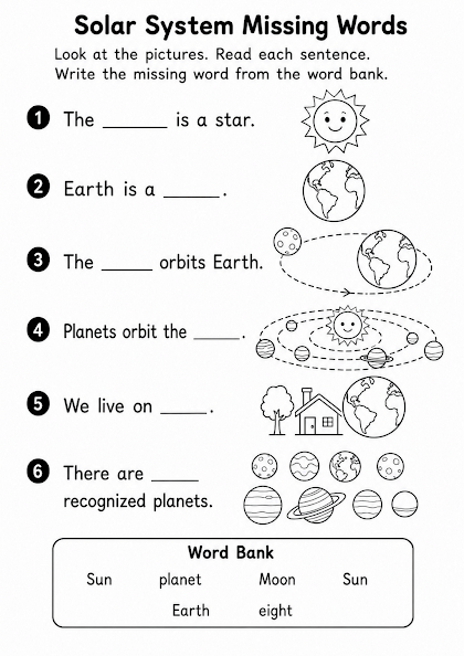 Solar System Missing Words Worksheet