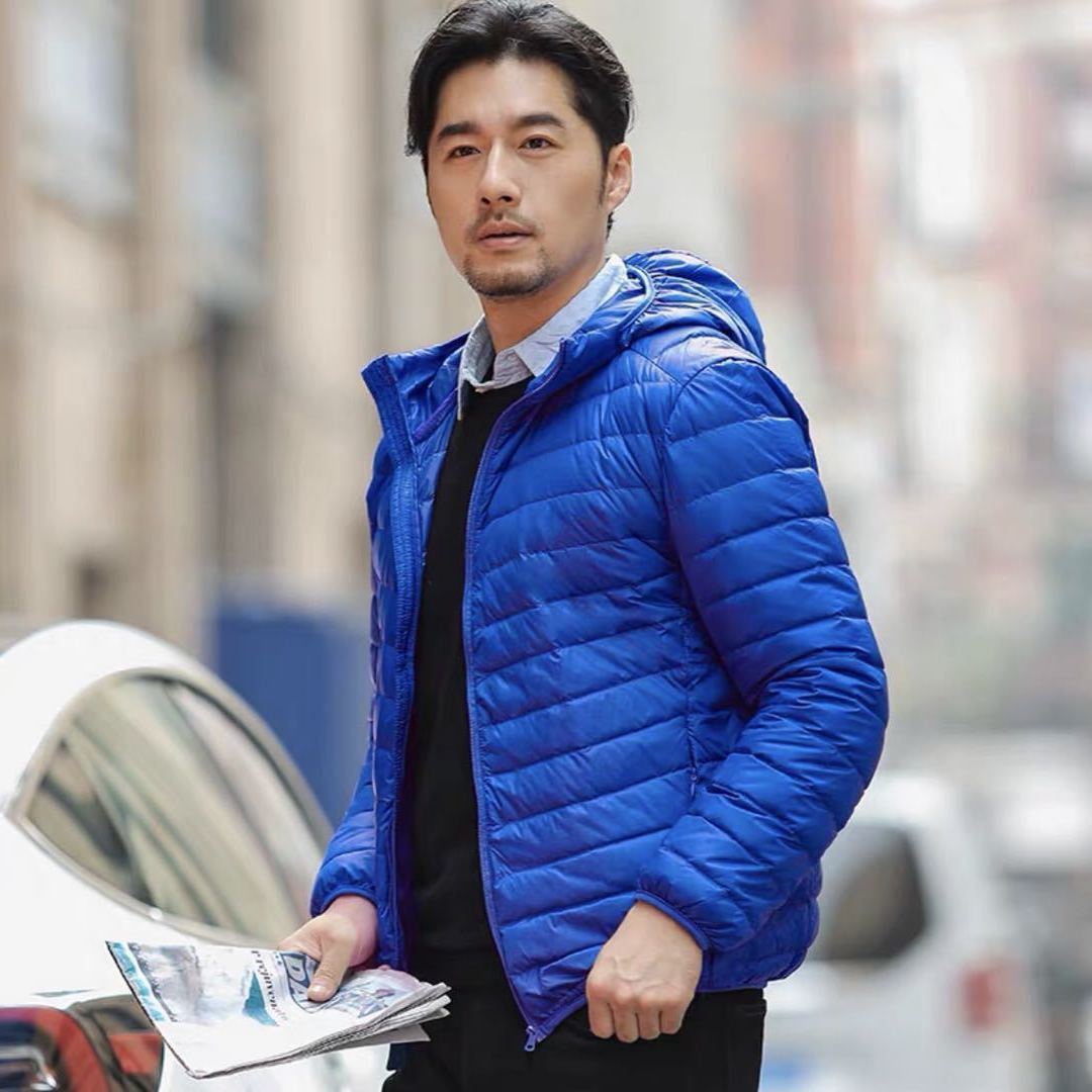 Men's down jacket, short, slim fit, with white duck down