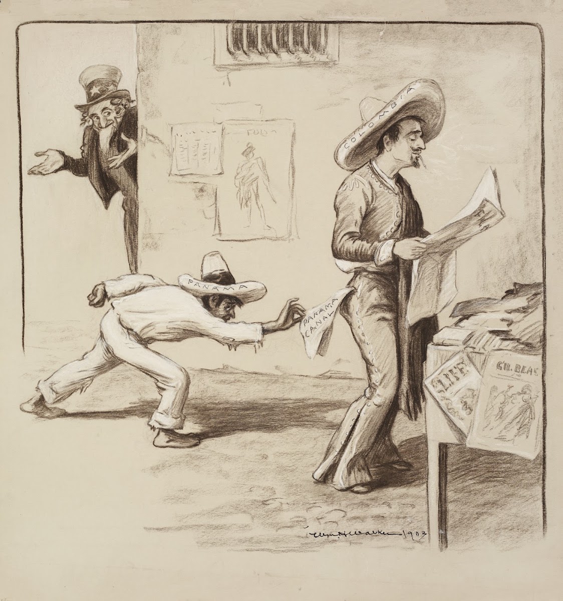A man representing Panama steals the Panama Canal from the pocket of an unsuspec
