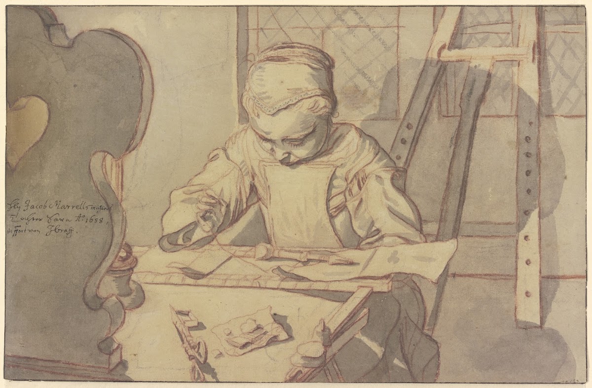 Sara Marrel seated at a table and engaged in embroidery 1658