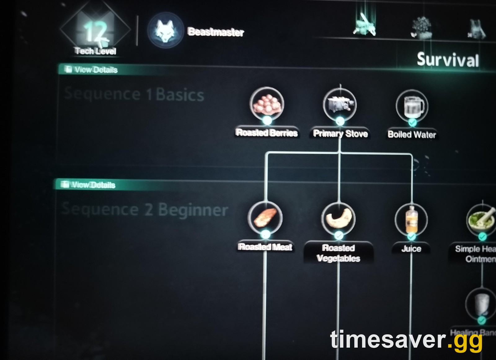 Player photo of the Once Human Tech screen showing Tech Level 12 in the top-left corner and the Survival branch with Sequence 1 Basics and Sequence 2 Beginner nodes