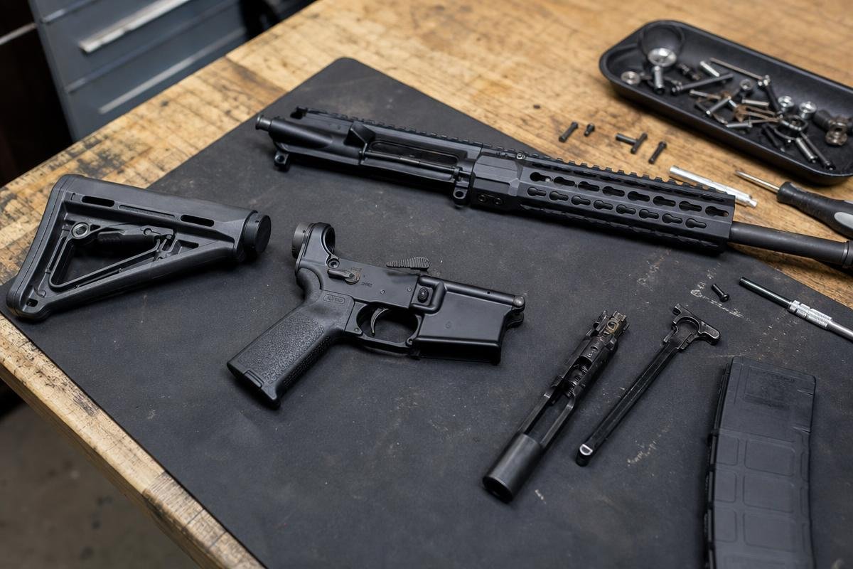 AR-15 disassembly steps for cleaning on a flat surface with parts tray