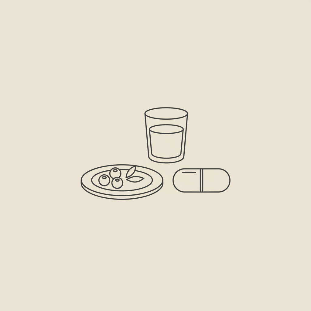 Minimalist vector line illustration of a capsule, plate with three berries, and a water glass on beige background representing side effects of bariatric advantage