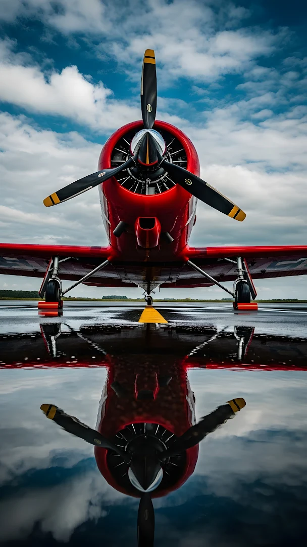 Red Aerobatic Plane Reflected on Wet Tarmac Under Cloudy Sky