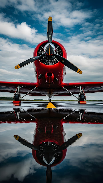 Red Aerobatic Plane Reflected on Wet Tarmac Under Cloudy Sky - Free mobile Wallpaper