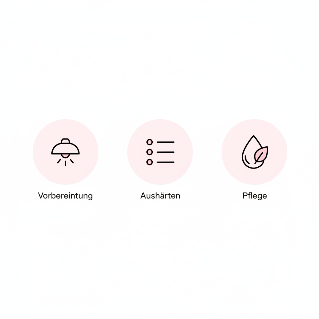 Minimalistische Vektor-Infografik mit drei Icons (Lampe, Inhaltsstoffe, Pflege) und Labels 'Vorbereitung • Aushärten • Pflege' in NailX-Farben – GellyNails Starter Kit