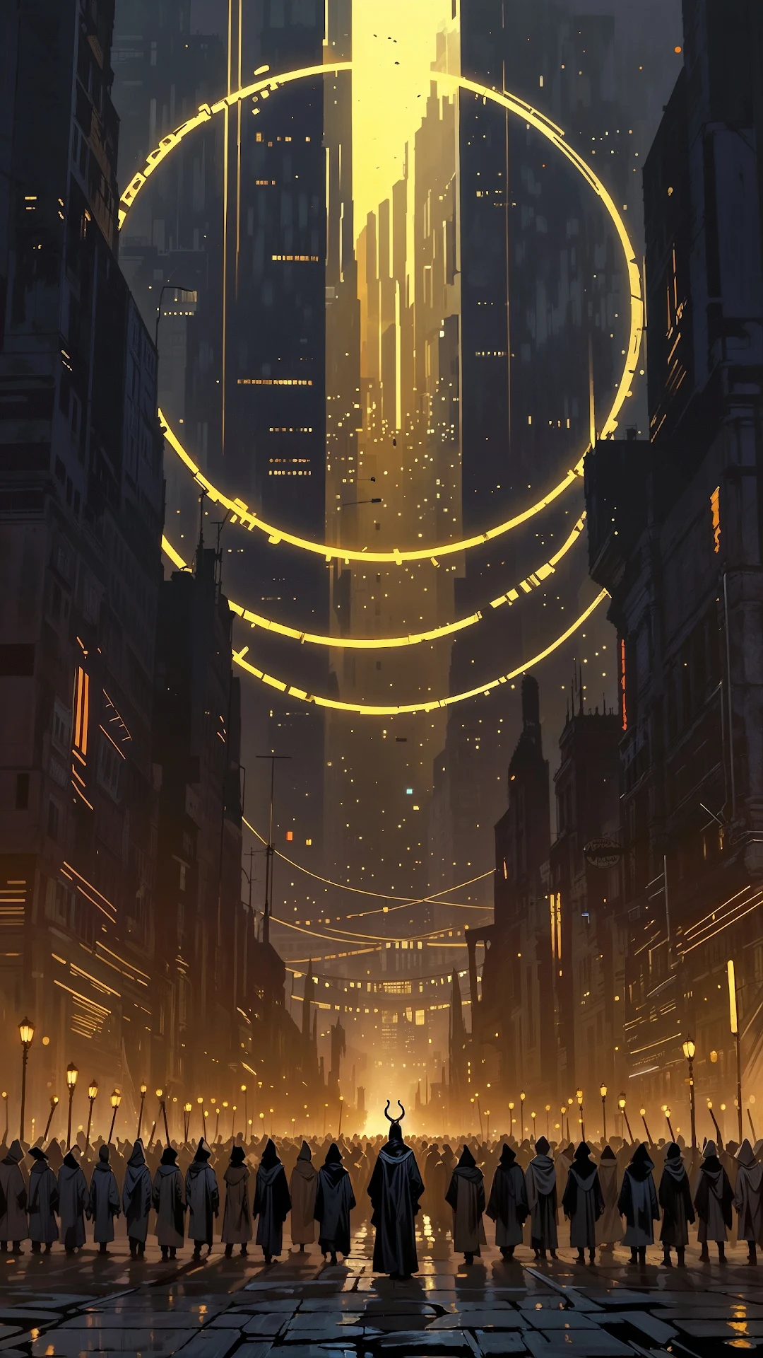 Mystic Procession Under Glowing Golden Rings - Free 4K mobile Wallpaper