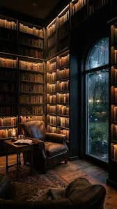 Dimly Lit Private Library with Black Oak Shelves Wallpaper
