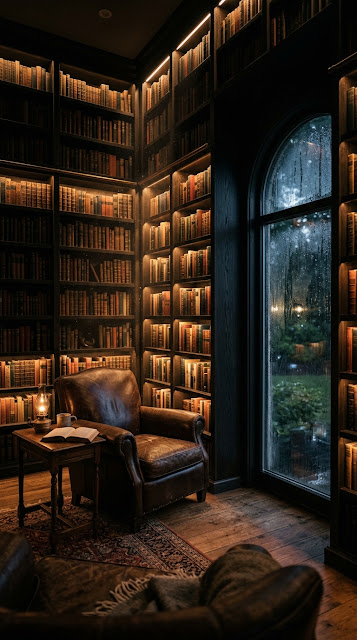 Dimly Lit Private Library with Black Oak Shelves Wallpaper - Free mobile Wallpaper