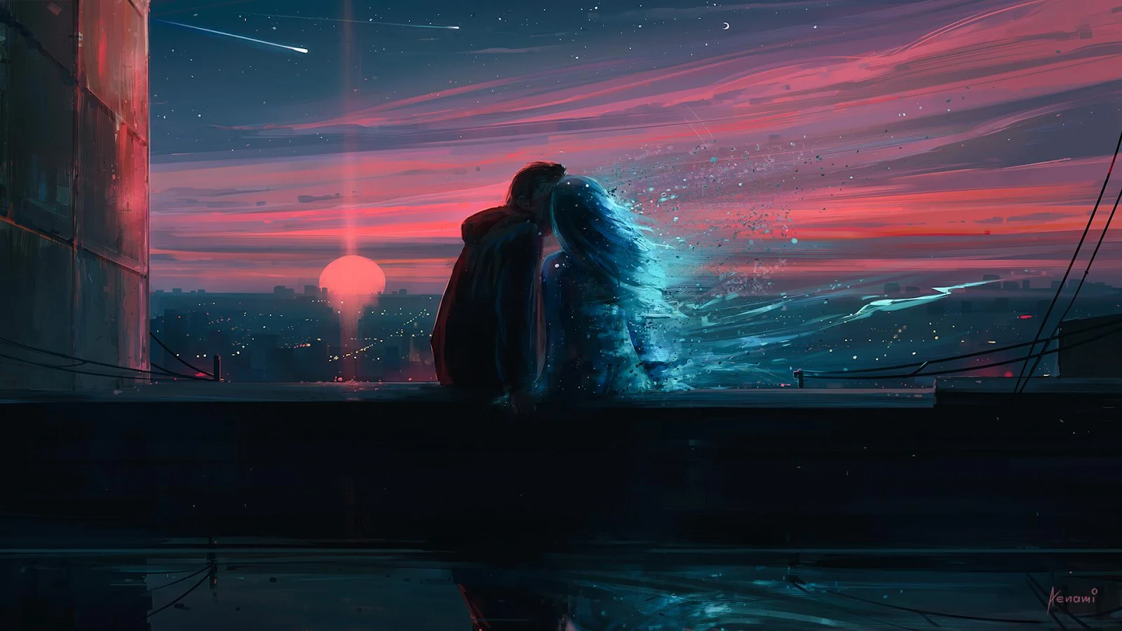 Lovers On Rooftop At Twilight - Digital Painting Full HD Wallpaper (1920x1080)