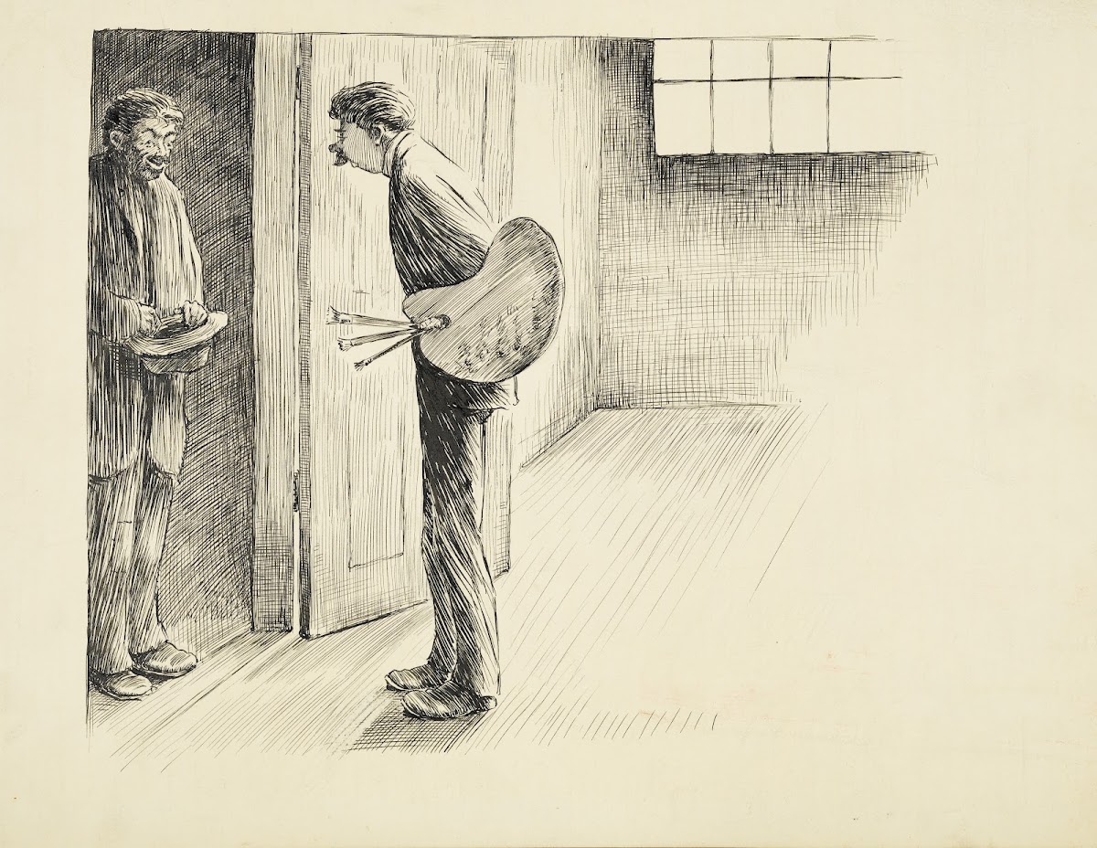 A man carrying paintbrushes and a palette answers the door to a man with his hat