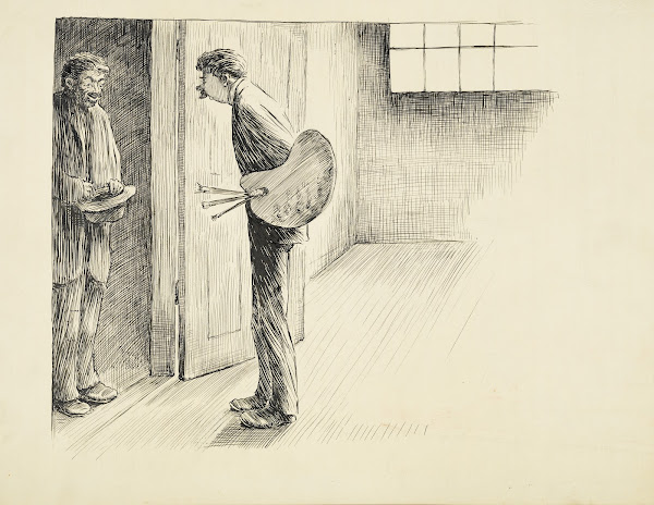 A man carrying paintbrushes and a palette answers the door to a man with his hat