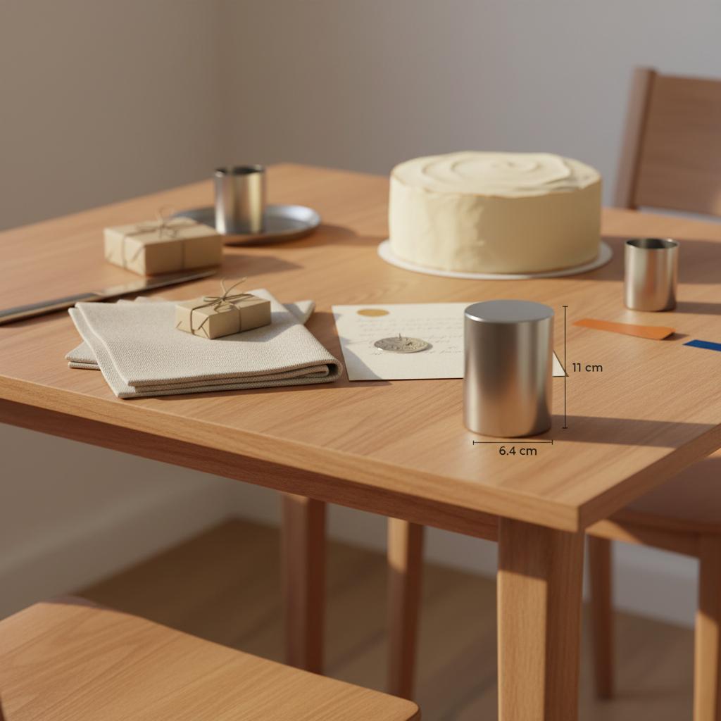 Nahaufnahme Esstisch mit Geschenken, graviertem Metallanhänger, kleiner Karte und einfachem Vanillekuchen, warmes Licht, minimalistisch — geburtstag ideen erwachsene