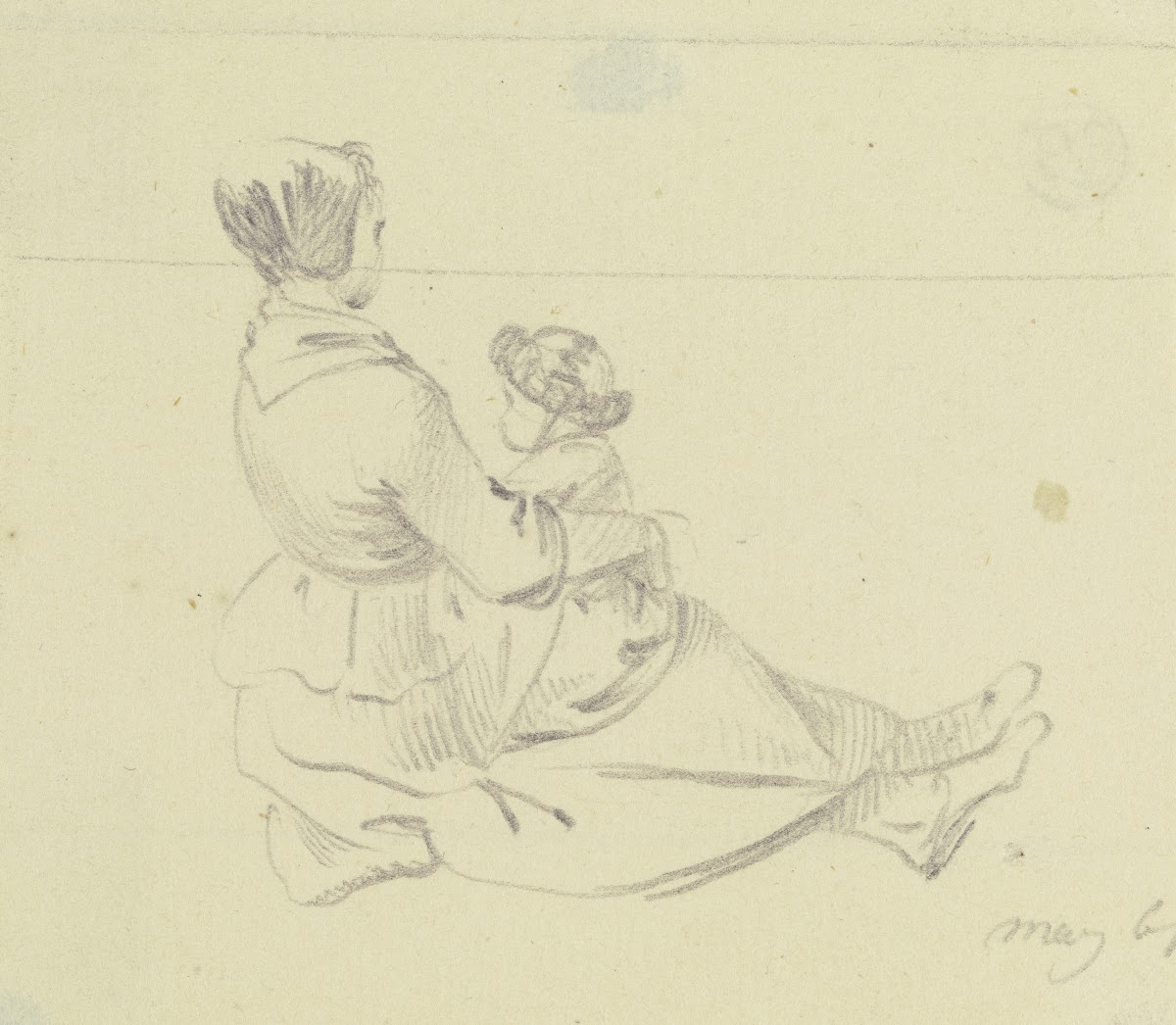 Am Boden sitzendes Mädchen mit einem Kind auf dem Schoß 1761