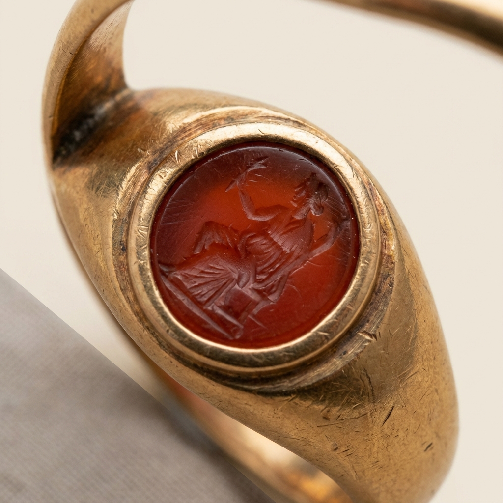 Close up of antique ring bezel with carved carnelian intaglio showing tool marks and aged patina on warm beige background ancient rings