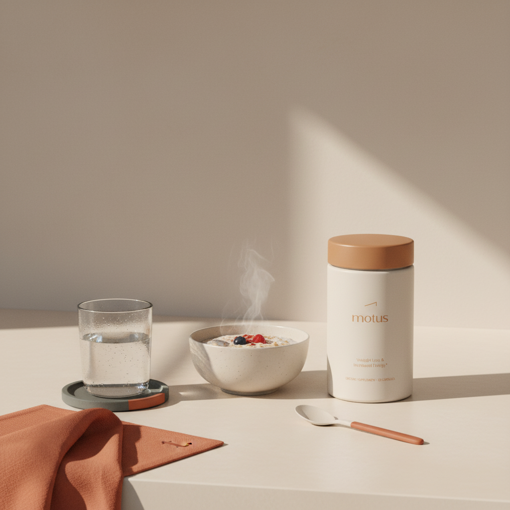 Minimal kitchen counter with Tonum Motus container beside a bowl of oats and glass of water, illustrating creatine side effects in a calm, research-driven wellness scene.