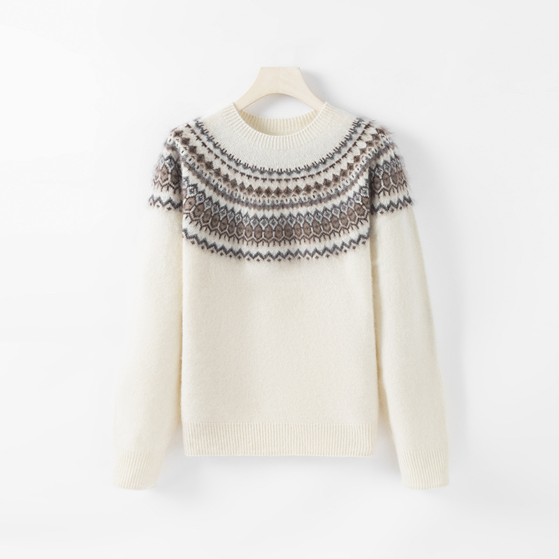 Damen-Wollpullover mit Reißverschluss und Jacquard-Muster