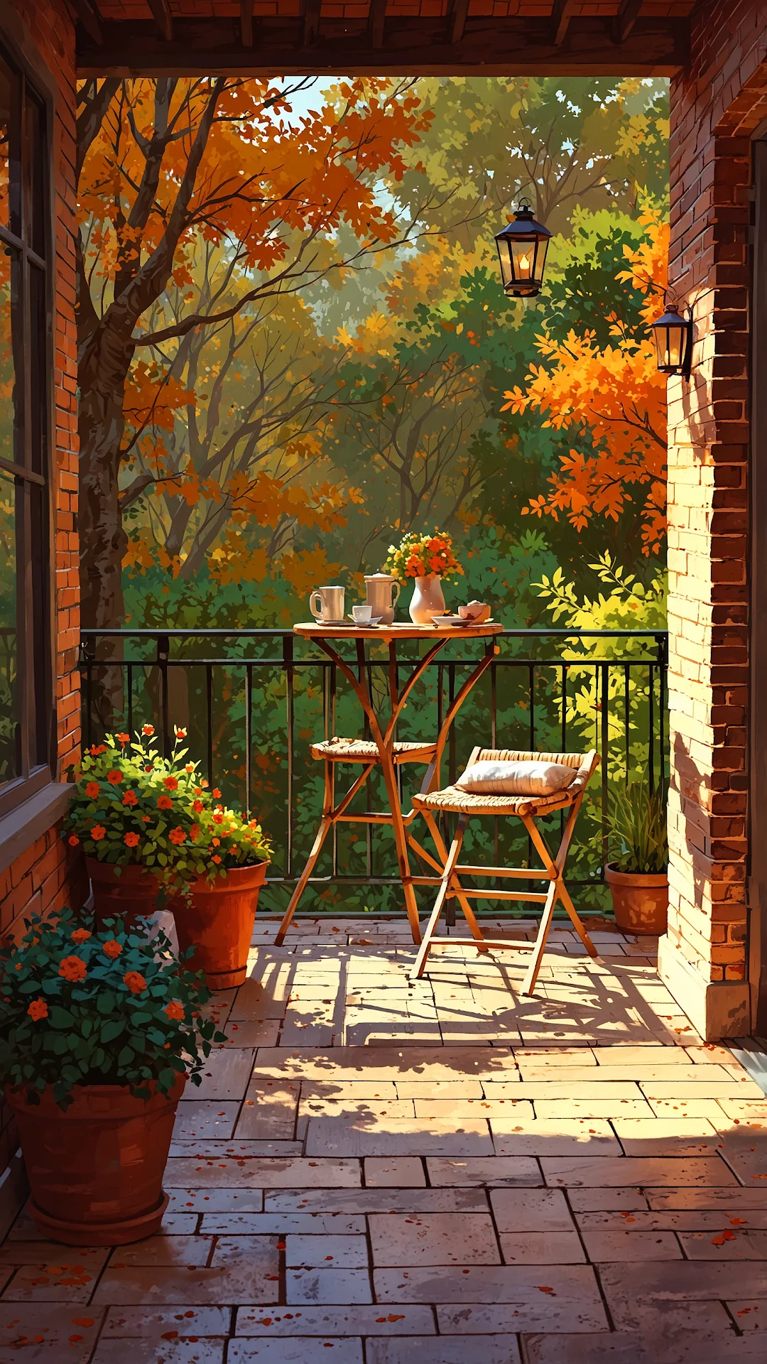 Autumn Balcony with Cozy Table and Fall Foliage - Free 4K mobile Wallpaper