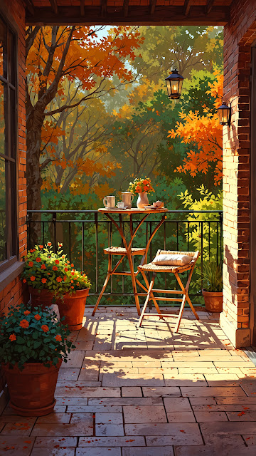Autumn Balcony with Cozy Table and Fall Foliage - Free mobile Wallpaper