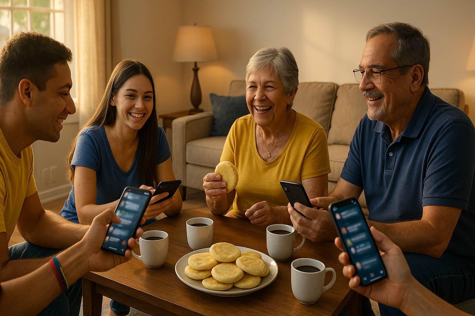 Venezolanos reunidos coordinando ayuda por WhatsApp en una sala compartida