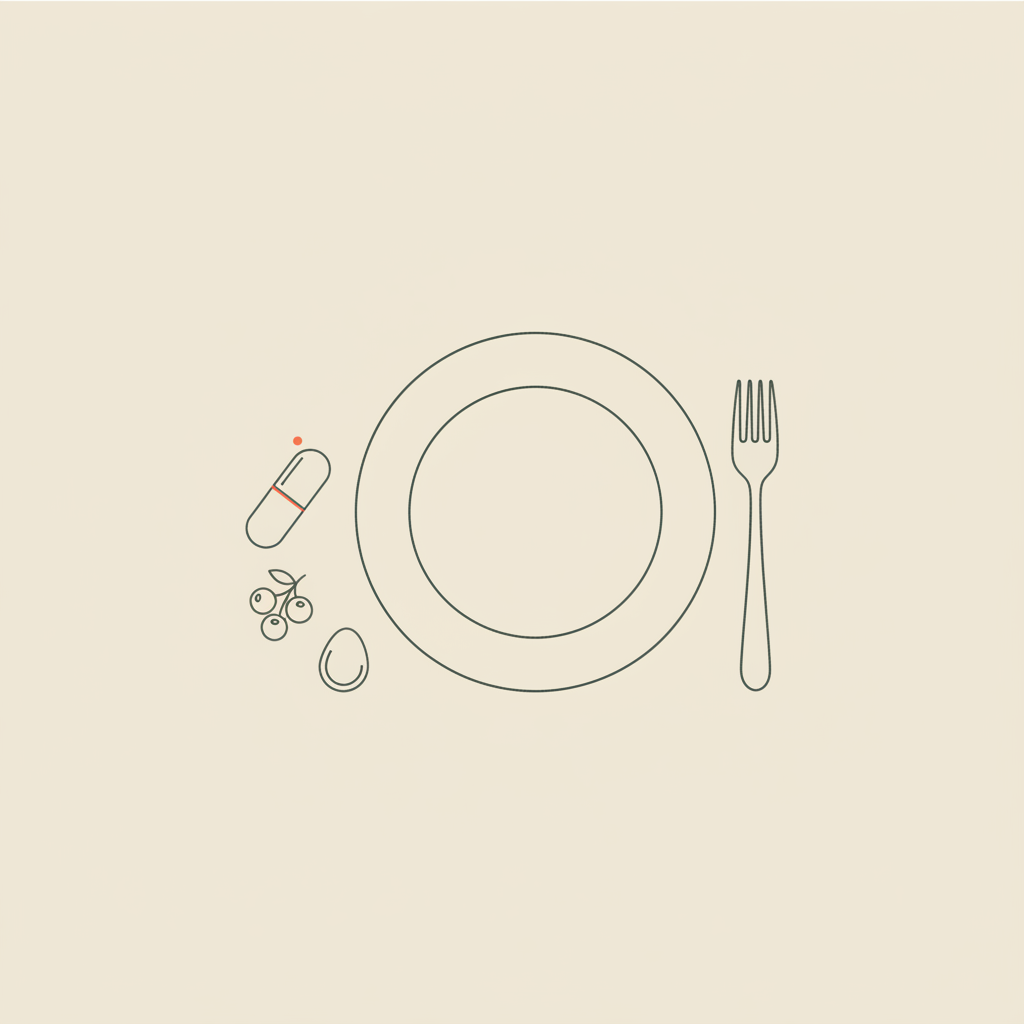 Minimal vector line illustration of a plate with fork, capsule, berries and an egg on beige background, representing how to lose weight without exercise.